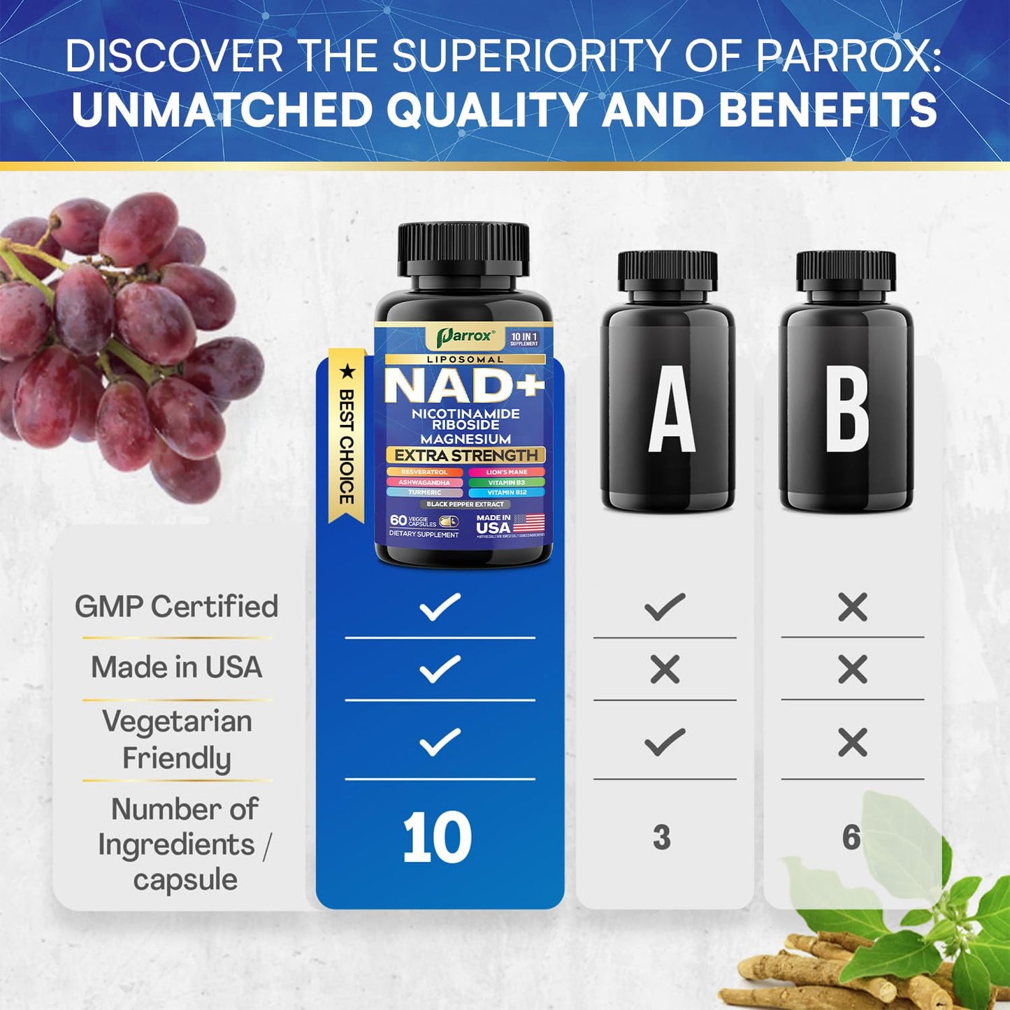 Parrox NAD+ Supplement – Liposomal NAD+, NR, B3 & B12 | 10-in-1