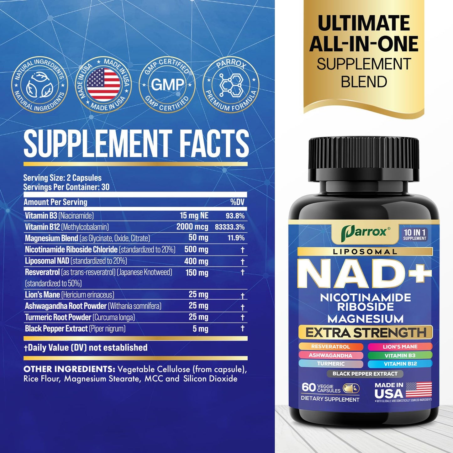 Parrox NAD+ Supplement – Liposomal NAD+, NR, B3 & B12 | 10-in-1