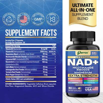 Parrox NAD+ Supplement – Liposomal NAD+, NR, B3 & B12 | 10-in-1