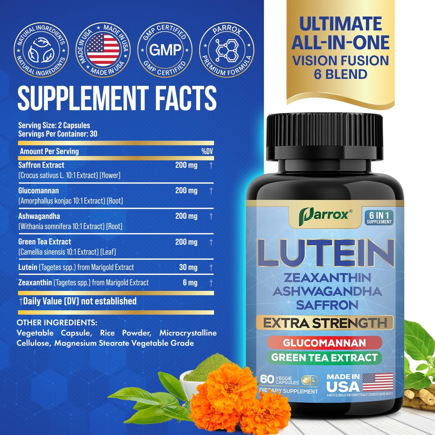 Parrox 6-in-1 Lutein & Zeaxanthin Eye Health Supplement – 2 Pack (60-Day) – Plant-Based Formula