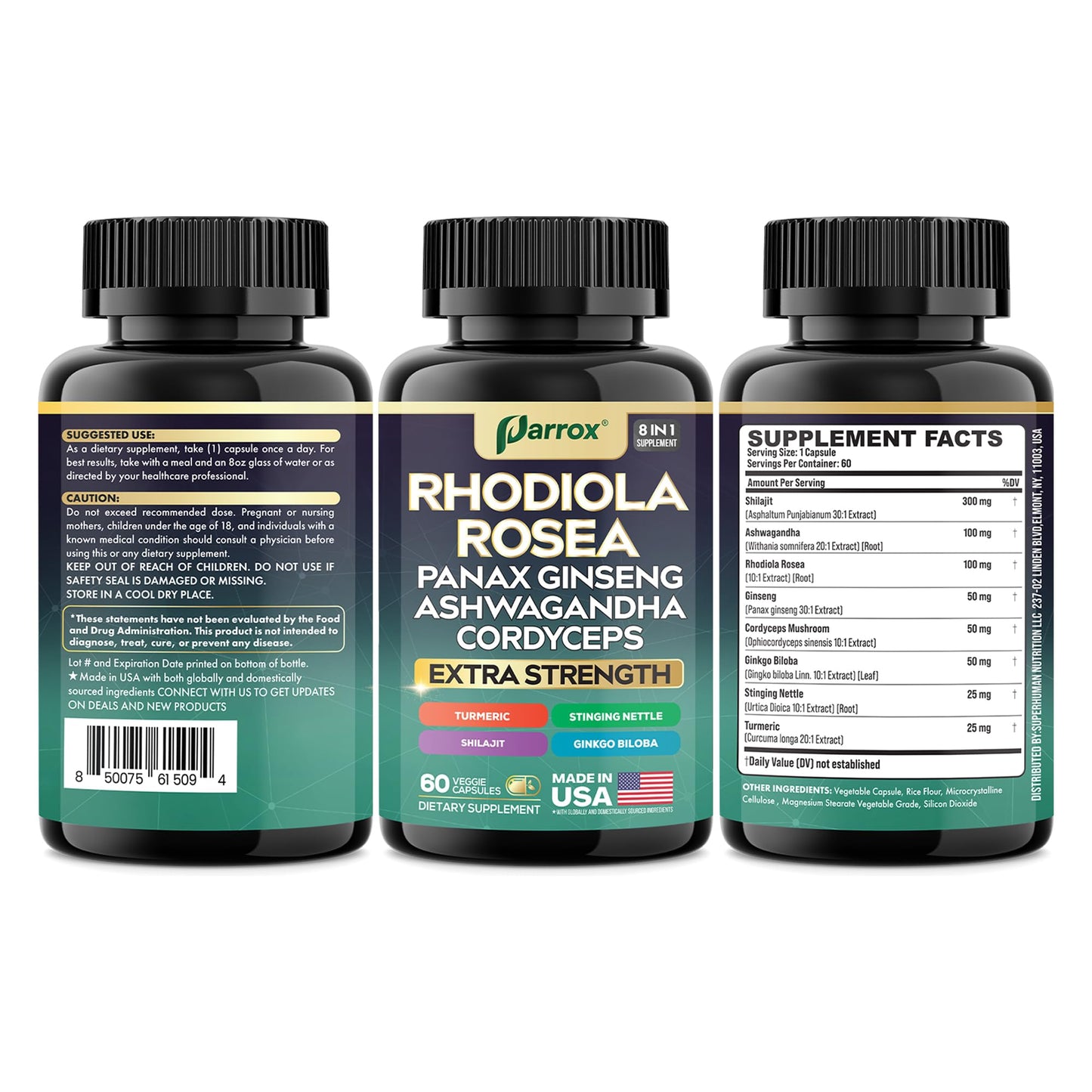 Parrox 8-in-1 Adaptogen Blend Capsules – Rhodiola Rosea, Ginseng, Ashwagandha, Turmeric – 60 Capsules
