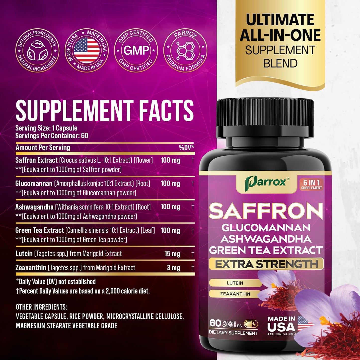 Parrox Saffron Supplement with Glucomannan & Ashwagandha – 4 Month Supply