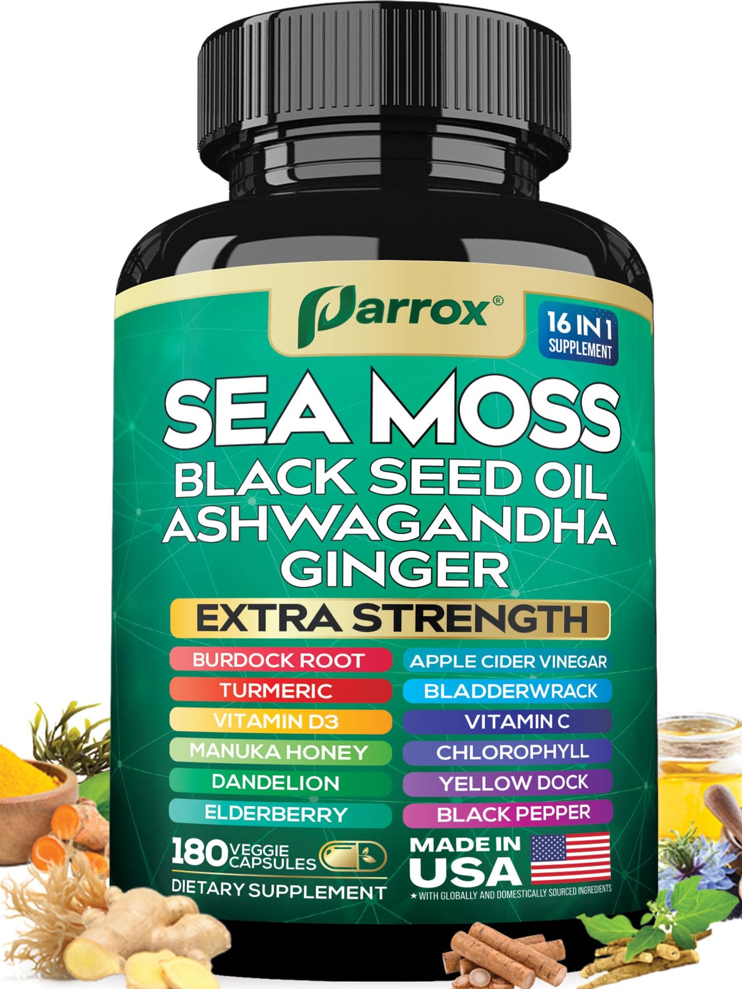 Parrox Sea Moss 16-in-1 Capsules – Sea Moss, Black Seed Oil & More (180 Caps)