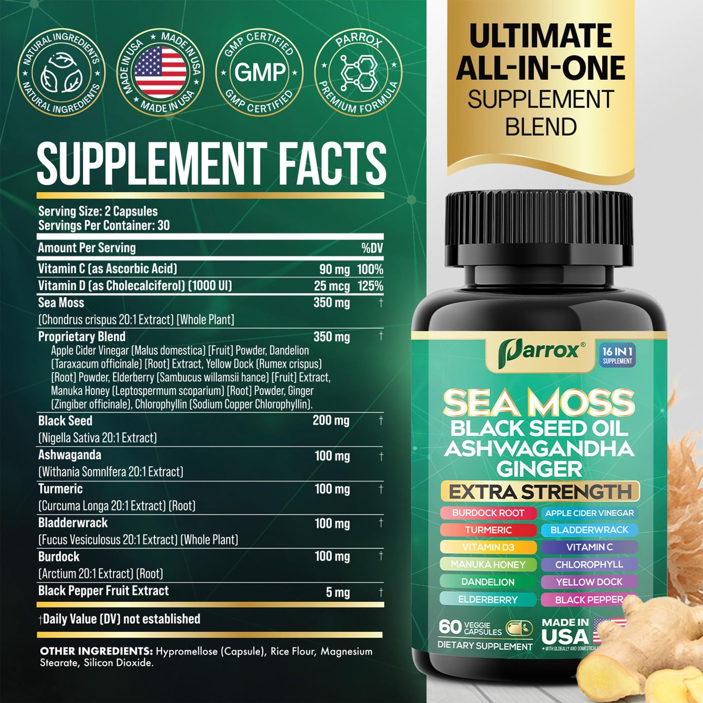 Parrox Sea Moss 16-in-1 Capsules (60 Caps) – Herbal Wellness Blend