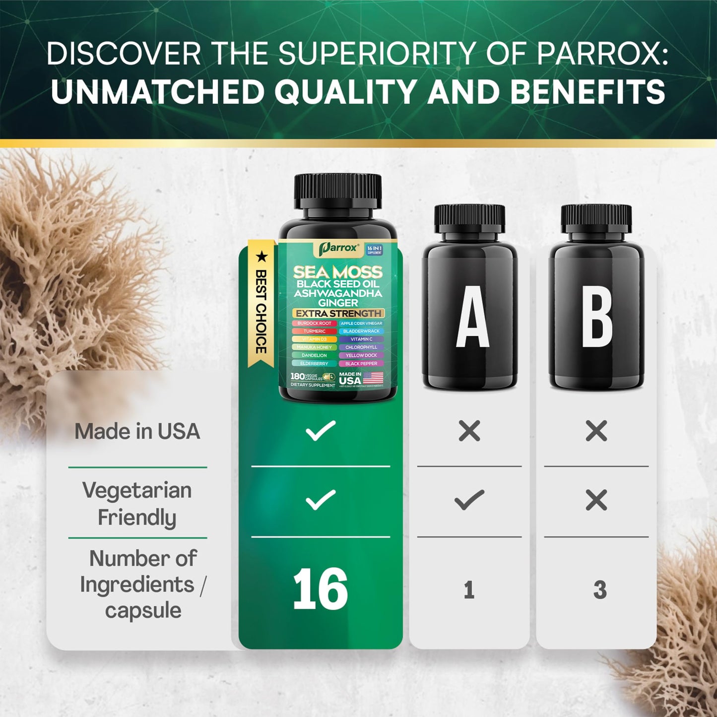 Parrox Sea Moss 16-in-1 Capsules – Sea Moss, Black Seed Oil & More (180 Caps)