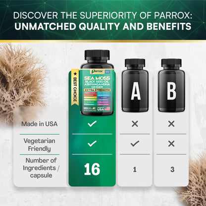 Parrox Sea Moss 16-in-1 Capsules – Sea Moss, Black Seed Oil & More (180 Caps)
