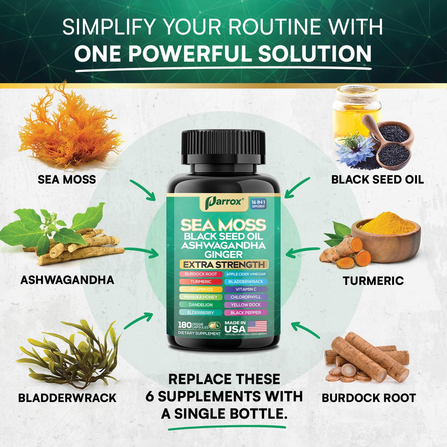 Parrox Sea Moss 16-in-1 Capsules – Sea Moss, Black Seed Oil & More (180 Caps)