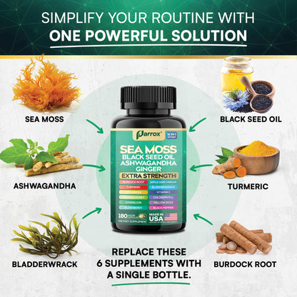 Parrox Sea Moss 16-in-1 Capsules – Sea Moss, Black Seed Oil & More (180 Caps)