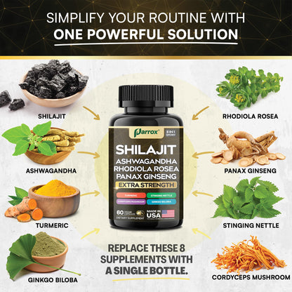 Parrox Shilajit Supplement – 8-in-1 All-in-One Capsules (60 Caps)