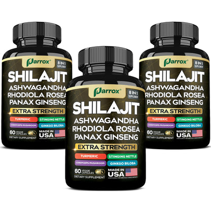 Parrox Shilajit 8-in-1 Supplement – 180 Caps | Shilajit, Ginseng, Ashwagandha, Rhodiola, Turmeric