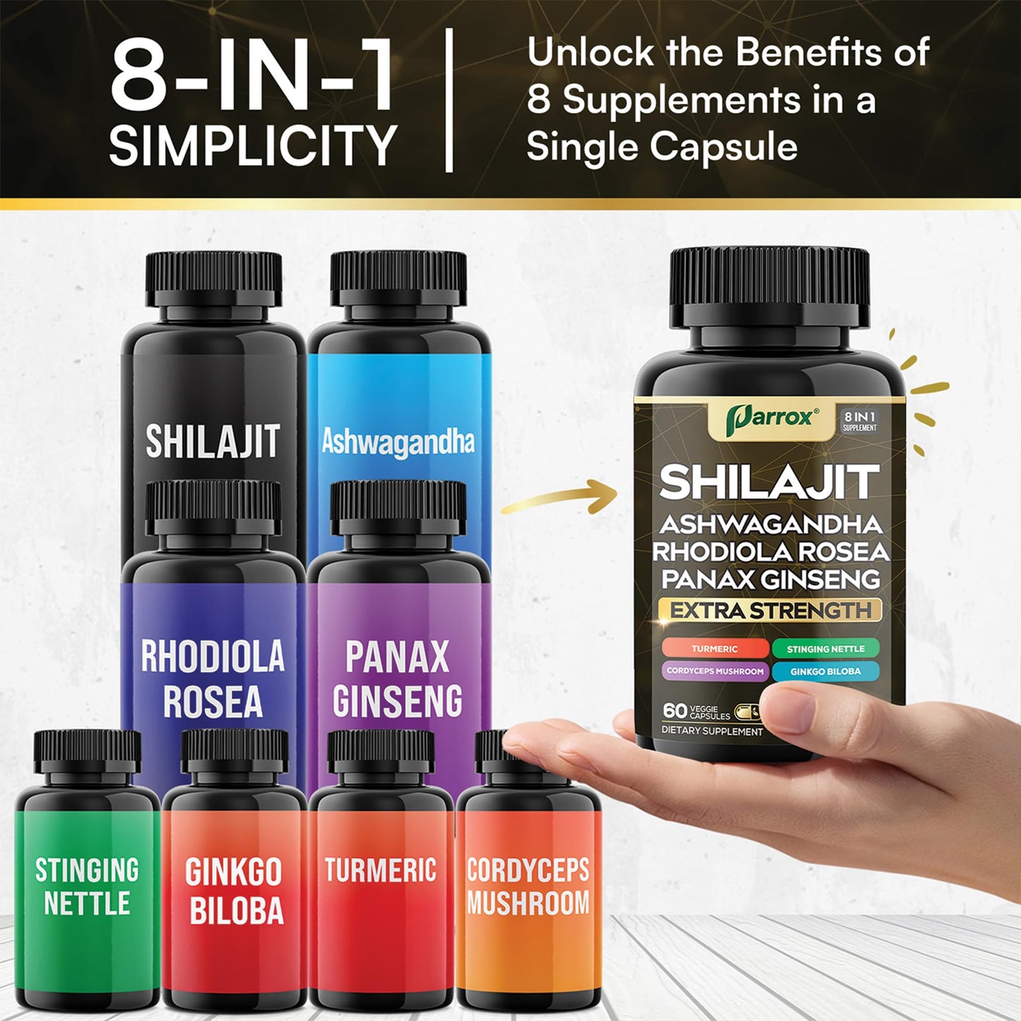 Parrox Shilajit 8-in-1 Supplement – 180 Caps | Shilajit, Ginseng, Ashwagandha, Rhodiola, Turmeric