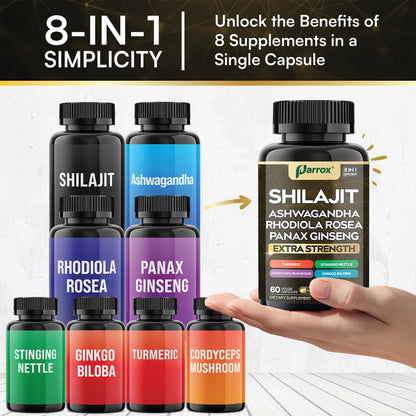 Parrox Shilajit 8-in-1 Supplement – 180 Caps | Shilajit, Ginseng, Ashwagandha, Rhodiola, Turmeric