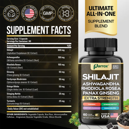 Parrox Shilajit 8-in-1 Supplement – 120 Caps with Panax Ginseng, Ashwagandha, Rhodiola, Turmeric, Ginkgo Biloba, Cordyceps