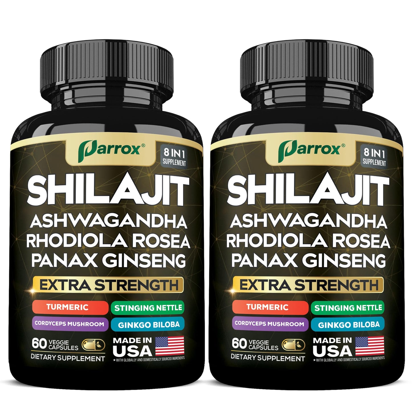 Parrox Shilajit 8-in-1 Supplement – 120 Caps with Panax Ginseng, Ashwagandha, Rhodiola, Turmeric, Ginkgo Biloba, Cordyceps