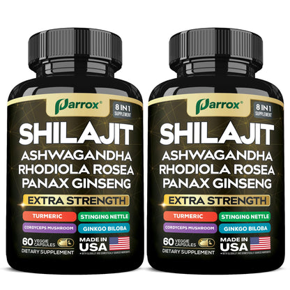 Parrox Shilajit 8-in-1 Supplement – 120 Caps with Panax Ginseng, Ashwagandha, Rhodiola, Turmeric, Ginkgo Biloba, Cordyceps