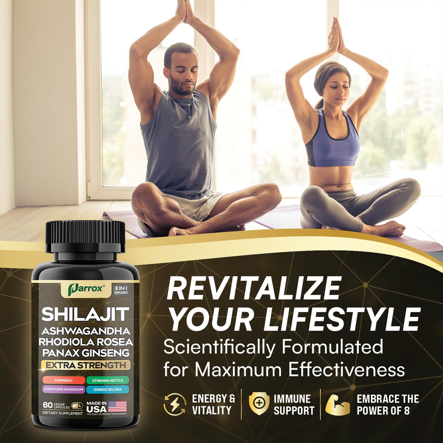 Parrox Shilajit 8-in-1 Supplement – 120 Caps with Panax Ginseng, Ashwagandha, Rhodiola, Turmeric, Ginkgo Biloba, Cordyceps