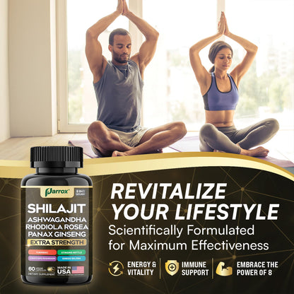 Parrox Shilajit 8-in-1 Supplement – 120 Caps with Panax Ginseng, Ashwagandha, Rhodiola, Turmeric, Ginkgo Biloba, Cordyceps