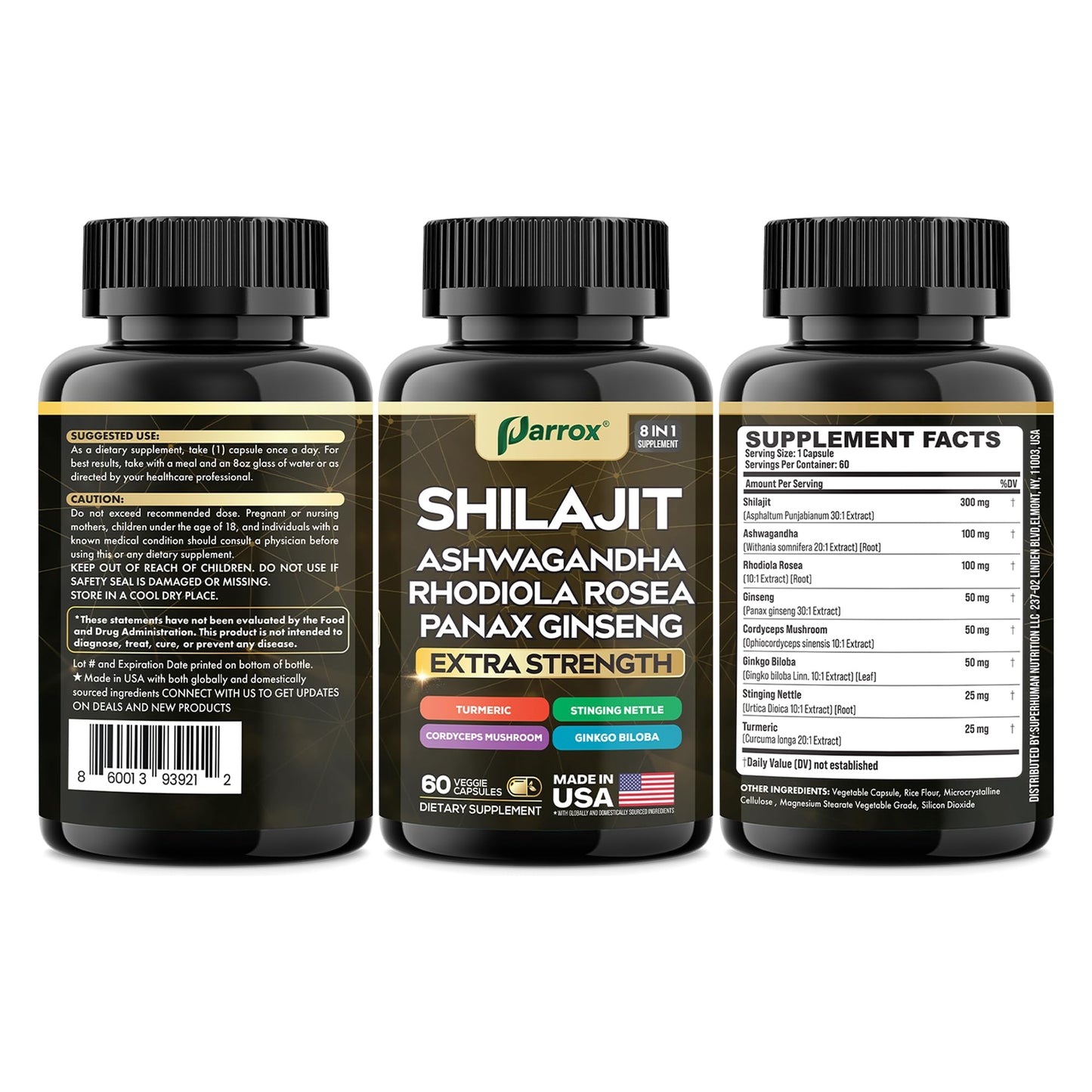 Parrox Shilajit 8-in-1 Supplement – 120 Caps with Panax Ginseng, Ashwagandha, Rhodiola, Turmeric, Ginkgo Biloba, Cordyceps