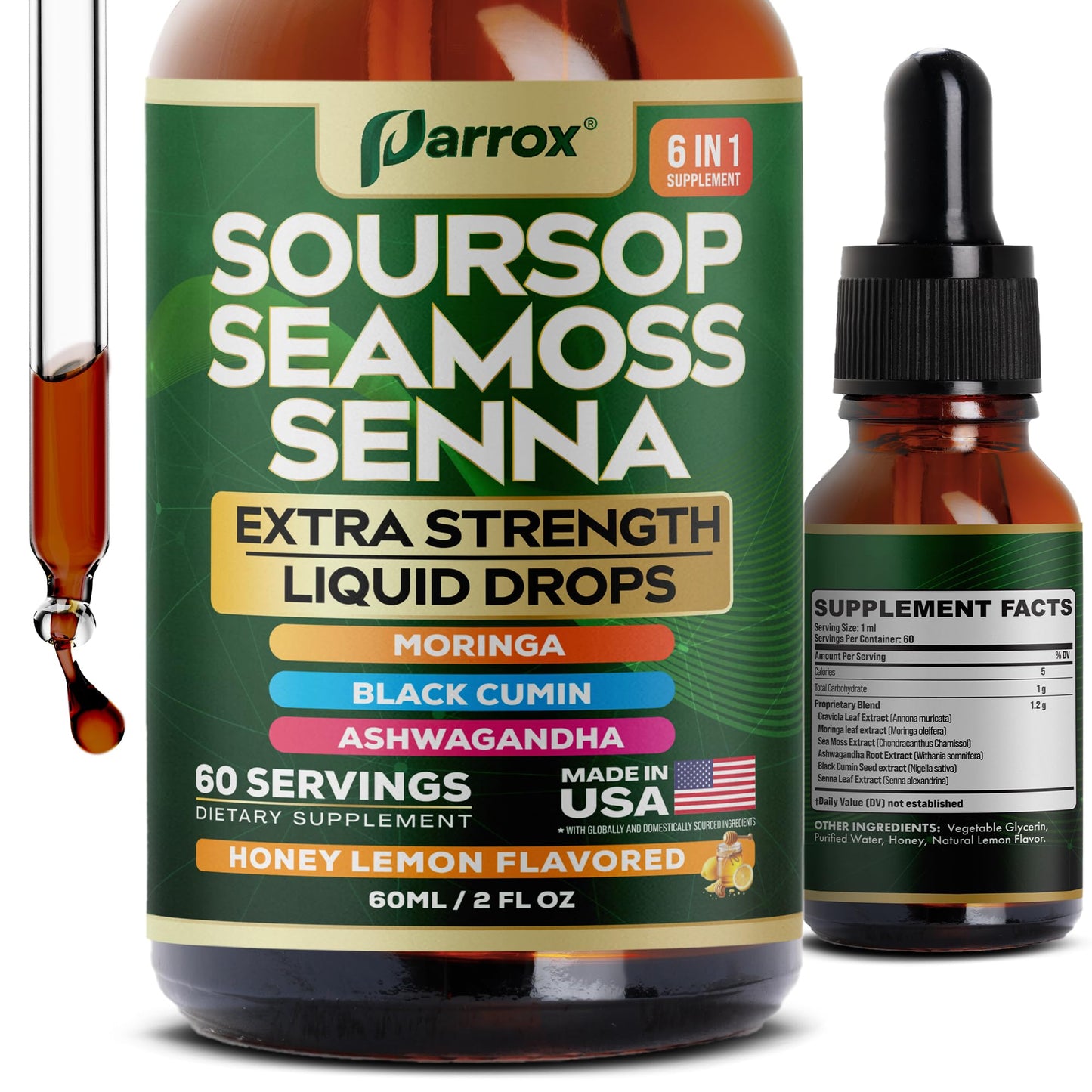 Parrox Soursop Seamoss Drops – 6-in-1 Liquid, Extra Strength, Honey Lemon, 60 Servings