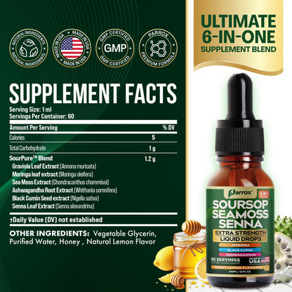 Parrox Soursop Seamoss Drops – 6-in-1 Liquid, Extra Strength, Honey Lemon, 60 Servings