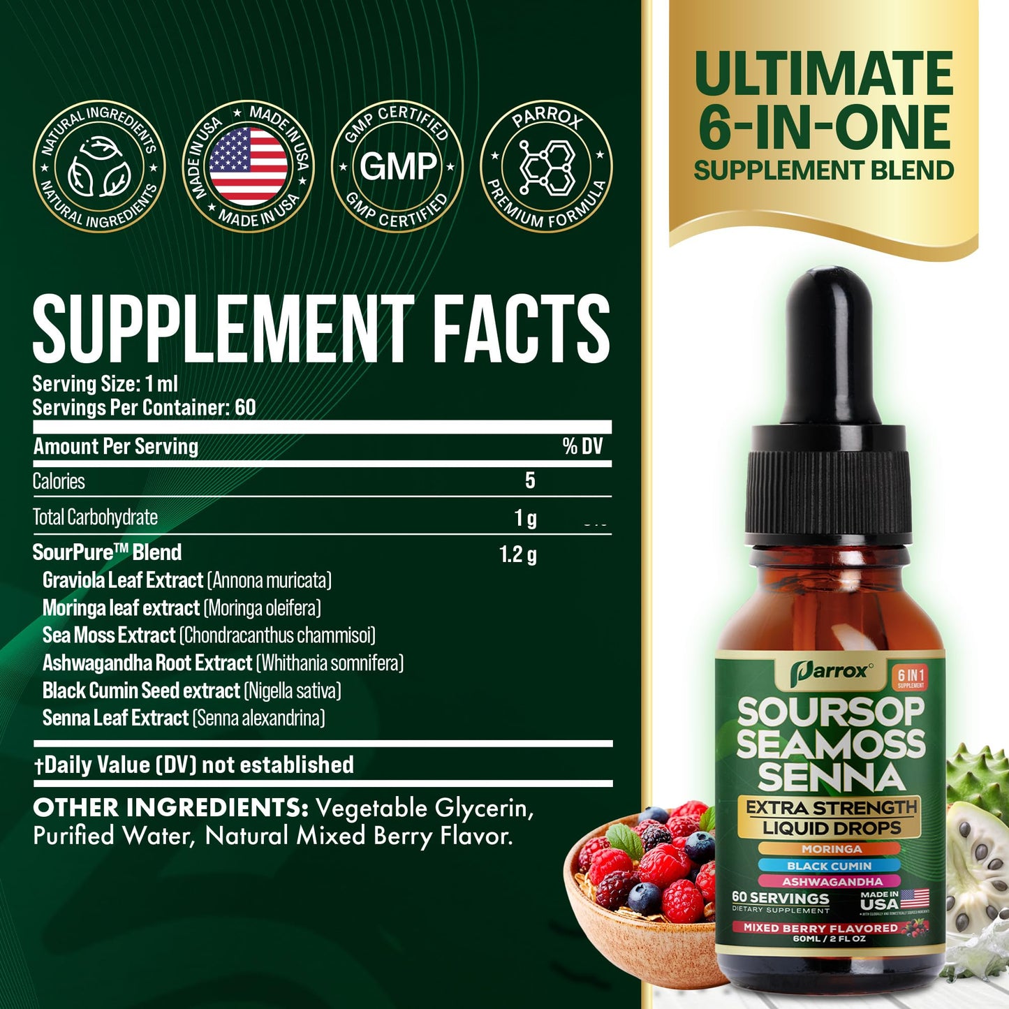 Parrox Soursop Seamoss Senna Liquid Drops – 6-in-1 Wellness, Mixed Berry, 60 Servings