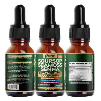 Parrox Soursop Seamoss Drops – 6-in-1 Liquid, Extra Strength, Honey Lemon, 60 Servings