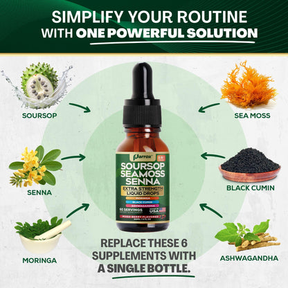 Parrox Soursop Seamoss Senna Liquid Drops – 6-in-1 Wellness, Mixed Berry, 60 Servings