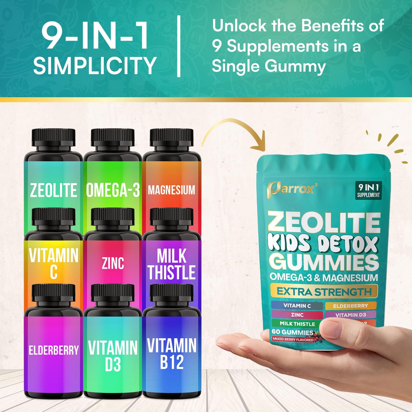 Parrox Zeolite Kids Gummies 9-in-1 – Sugar-Free Mixed Berry (60 Gummies)