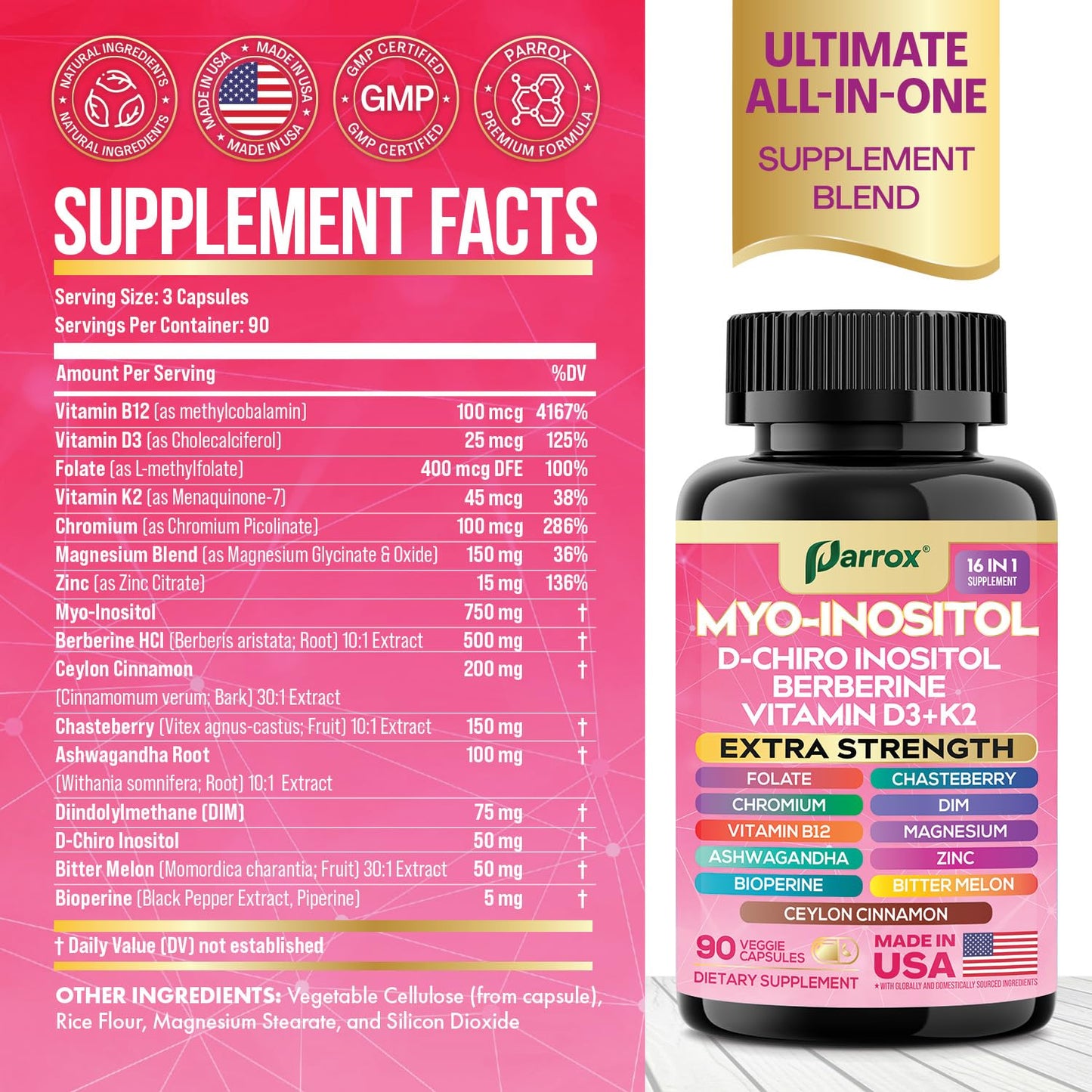 Parrox Myo Inositol Supplement – 16-in-1 Wellness (90 Vegan Capsules)