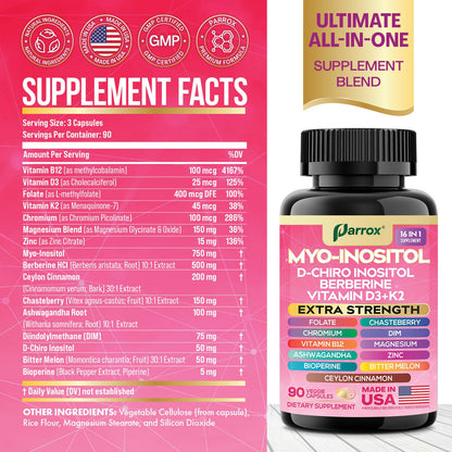 Parrox Myo Inositol Supplement – 16-in-1 Wellness (90 Vegan Capsules)