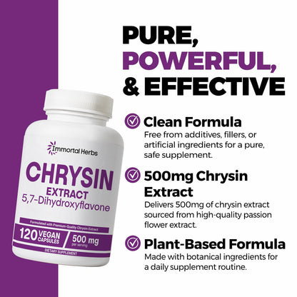 Immortal Herbs Chrysin 500mg – 120 Vegan Capsules | Non-GMO & Gluten-Free