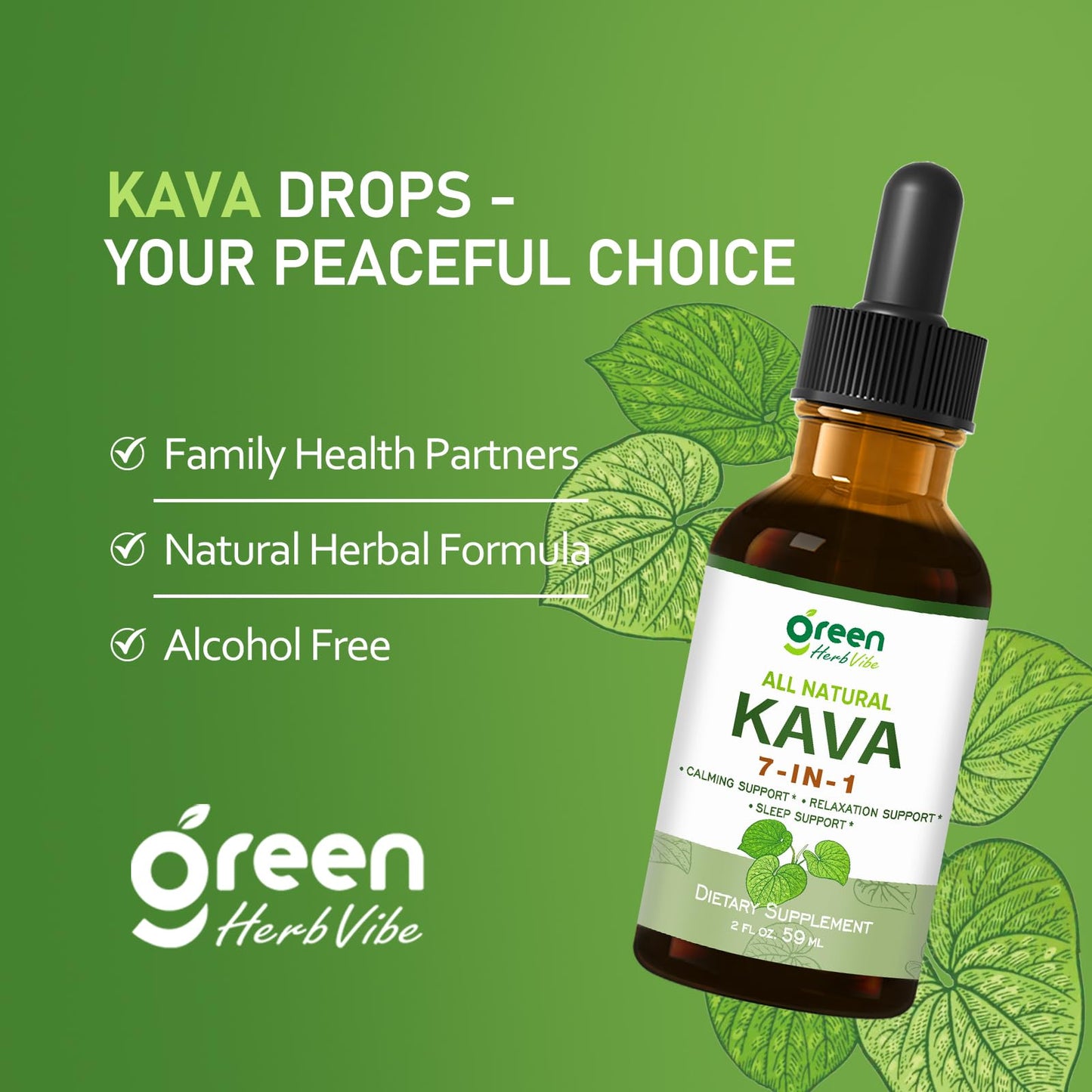 Green Herb Vibe Kava Drops – Relaxation & Sleep Support (60 Days, 2 oz)