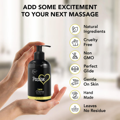 Passion Massage Oil – 100% Natural Body Oil for Couples | Jojoba, Almond & Grapeseed | Lemon Crème