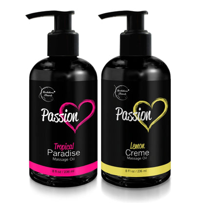 Passion Massage Oil for Date Night – Set of 2 (Tropical Paradise & Lemon Crème) | All Natural with Almond & Jojoba