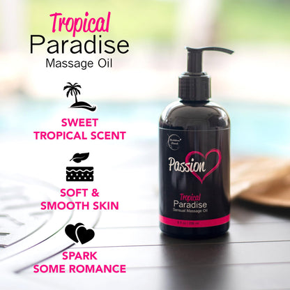 Passion Sensual Massage Oil for Date Night | 100% Natural Body Oil for Couples with Jojoba & Almond | Aromatherapy & Relaxing Massage Therapy | Perfect Glide & Smooth Skin | Tropical Paradise Scent