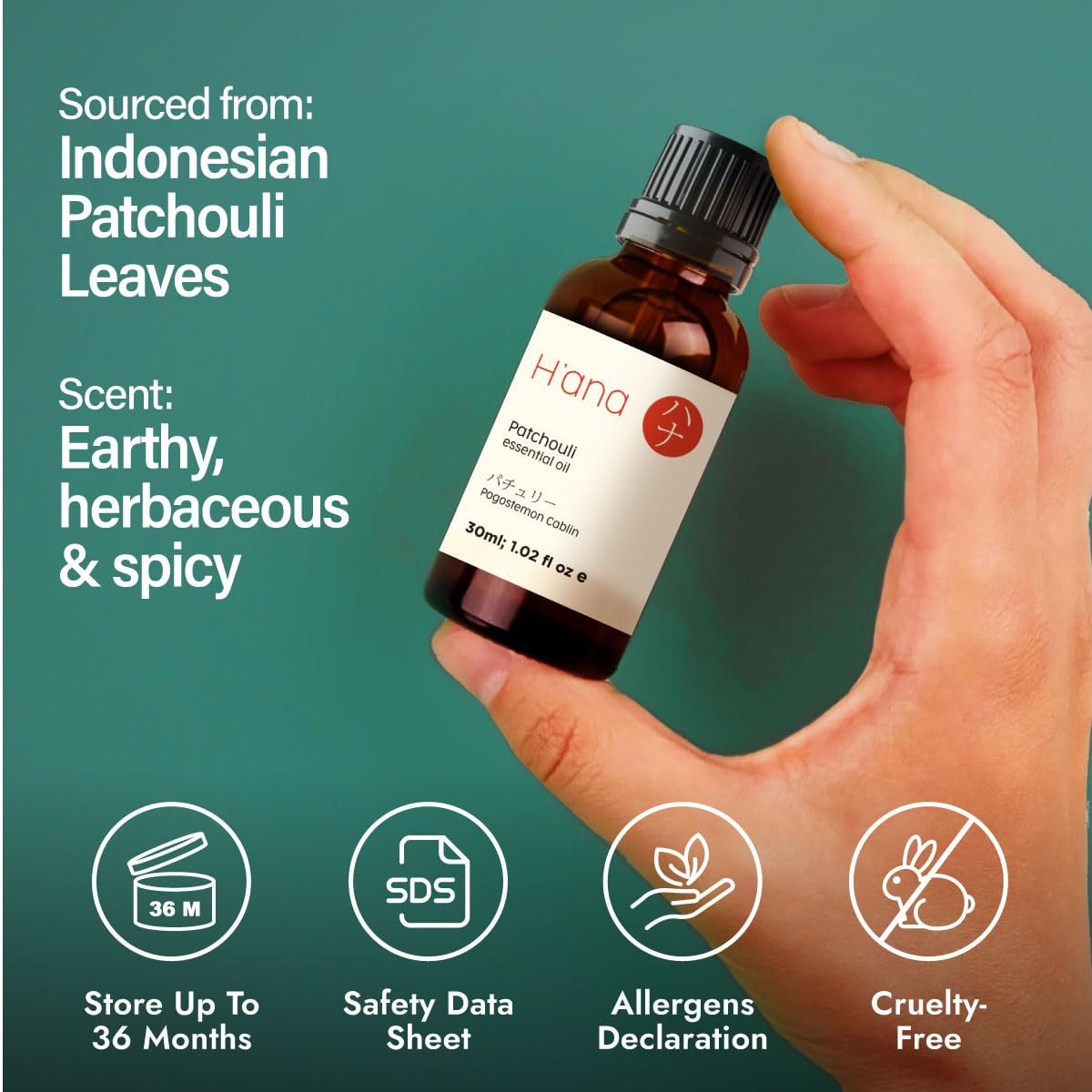 H'ana Patchouli Essential Oil – 1.02 fl oz | Hair, Skin, Diffuser & DIY