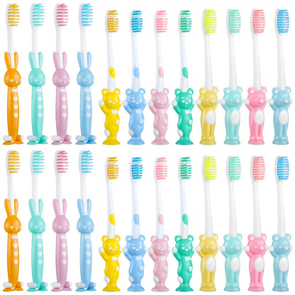 Patelai 24 Pcs Toddler Toothbrush Set for Ages 2+ | Soft Bristles, Suction Cup Storage, Rabbits & Bears