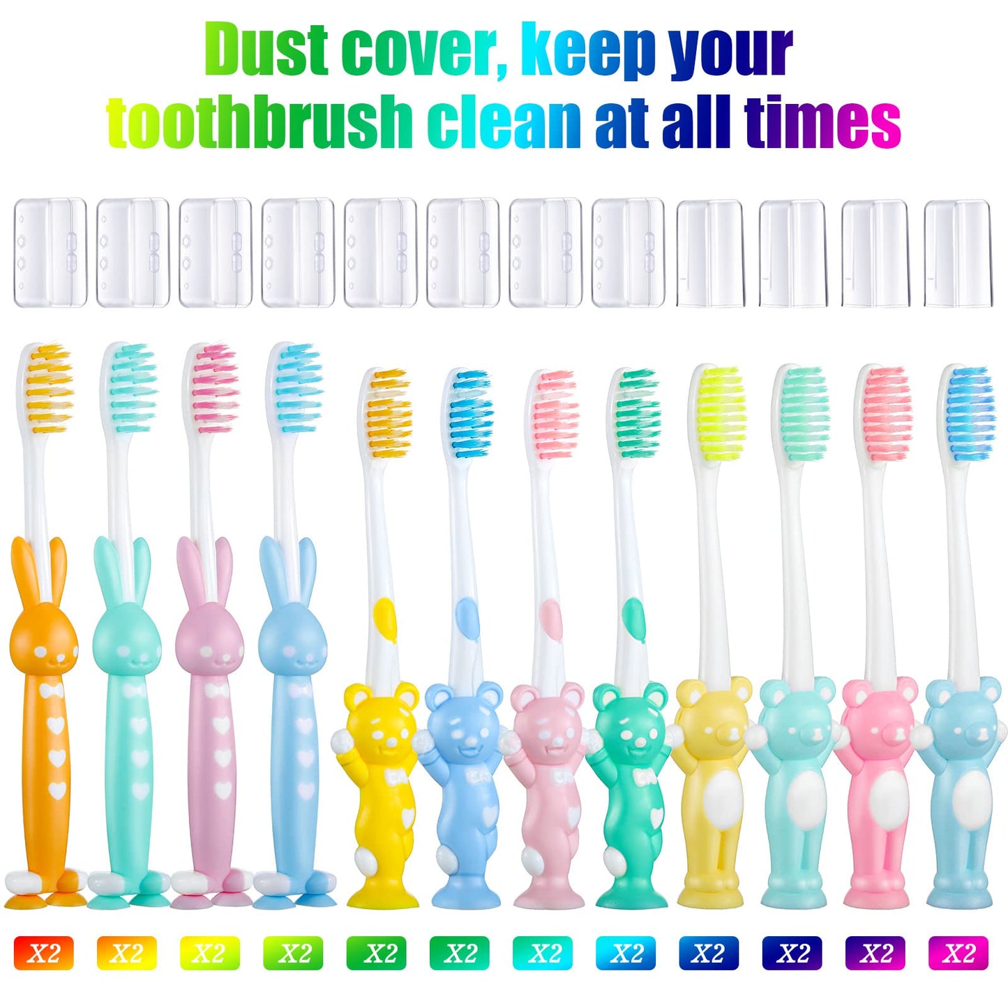 Patelai 24 Pcs Toddler Toothbrush Set for Ages 2+ | Soft Bristles, Suction Cup Storage, Rabbits & Bears