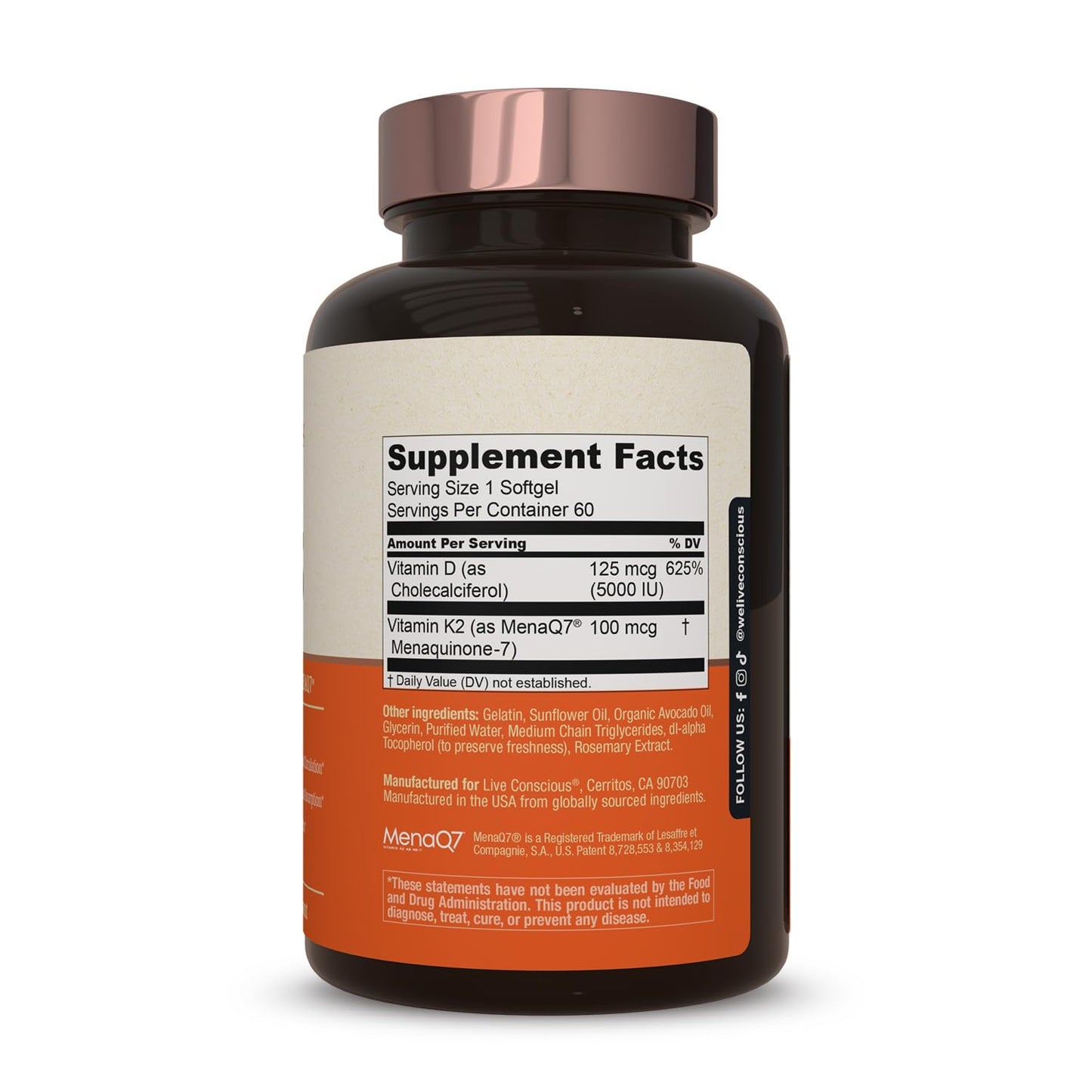 Live Conscious Vitamin K2 MK7 with D3 5000 IU - Bone & Heart Health Support | 60 Softgels