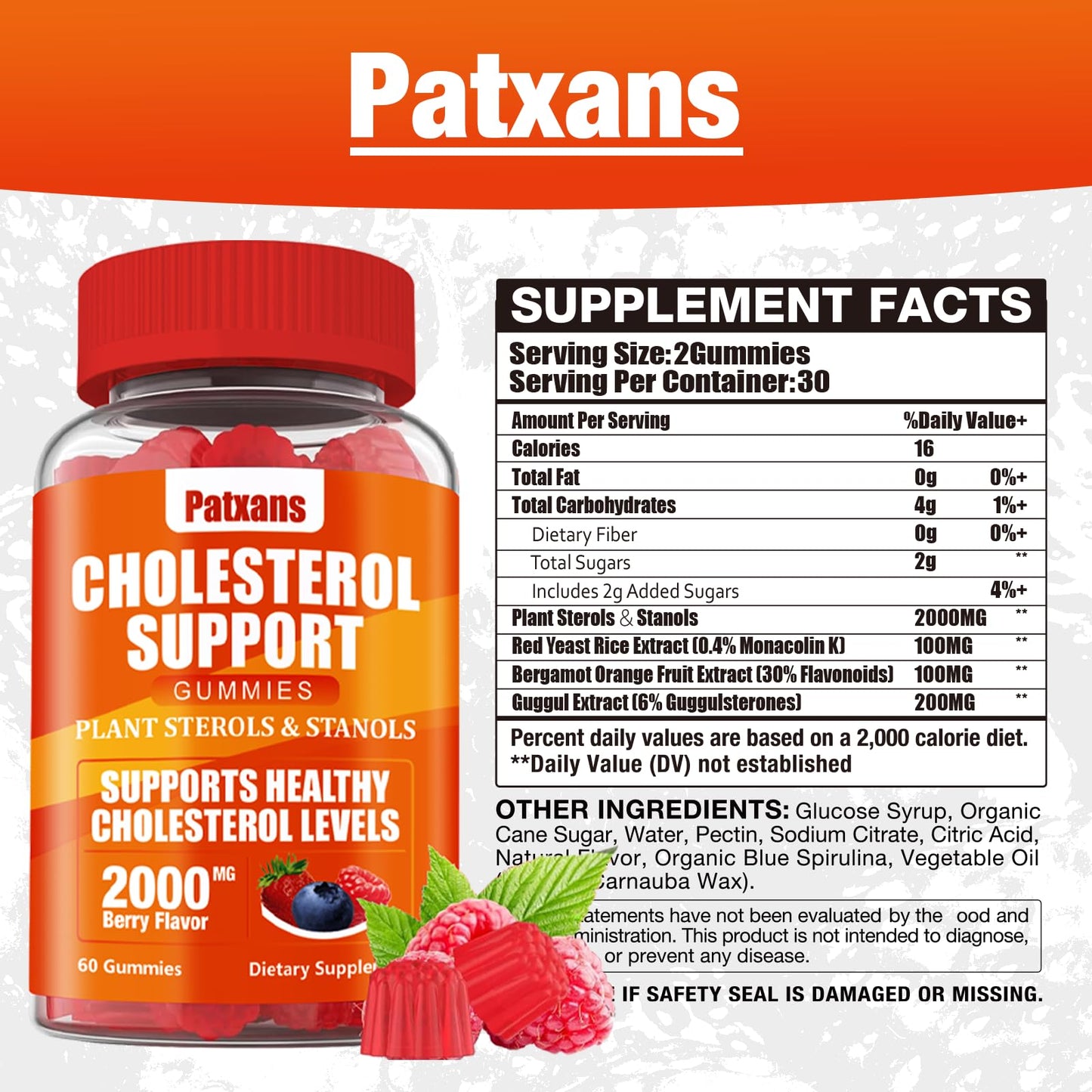 Patxans 1 Pack Cholesterol Support Gummies – 2000mg Plant Sterols & Stanols | Cholesterol Support, Mixed Berry, 60 Count