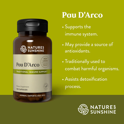 Nature's Sunshine Pau D'Arco 100 Capsules – Immune Support, Antioxidants & Detoxification