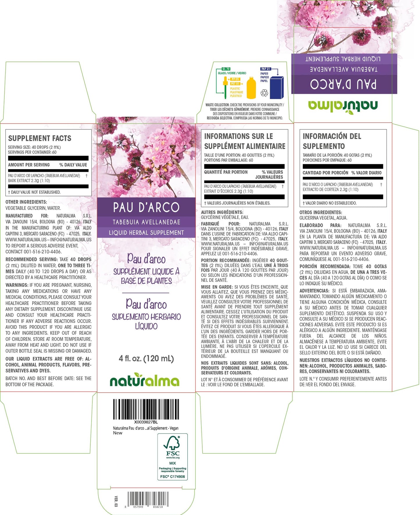Naturalma Pau d'Arco Lapacho Bark Tincture - Alcohol-Free 4 fl oz Drops - Vegan Herbal Supplement