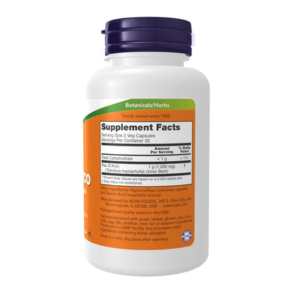 NOW Foods Pau D'Arco 500 mg (Tabebuia heptaphylla) – Herbal Support, 100 Veg Capsules