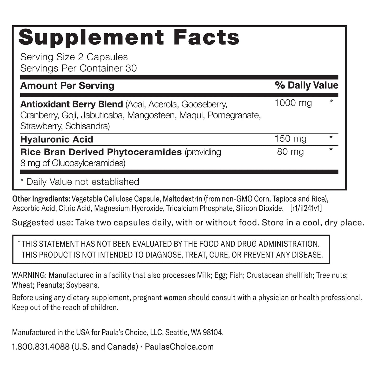 Paula's Choice HA + Ceramide Dietary Supplement – Collagen Support, Gluten-Free & Soy-Free, 60 Vegan Capsules