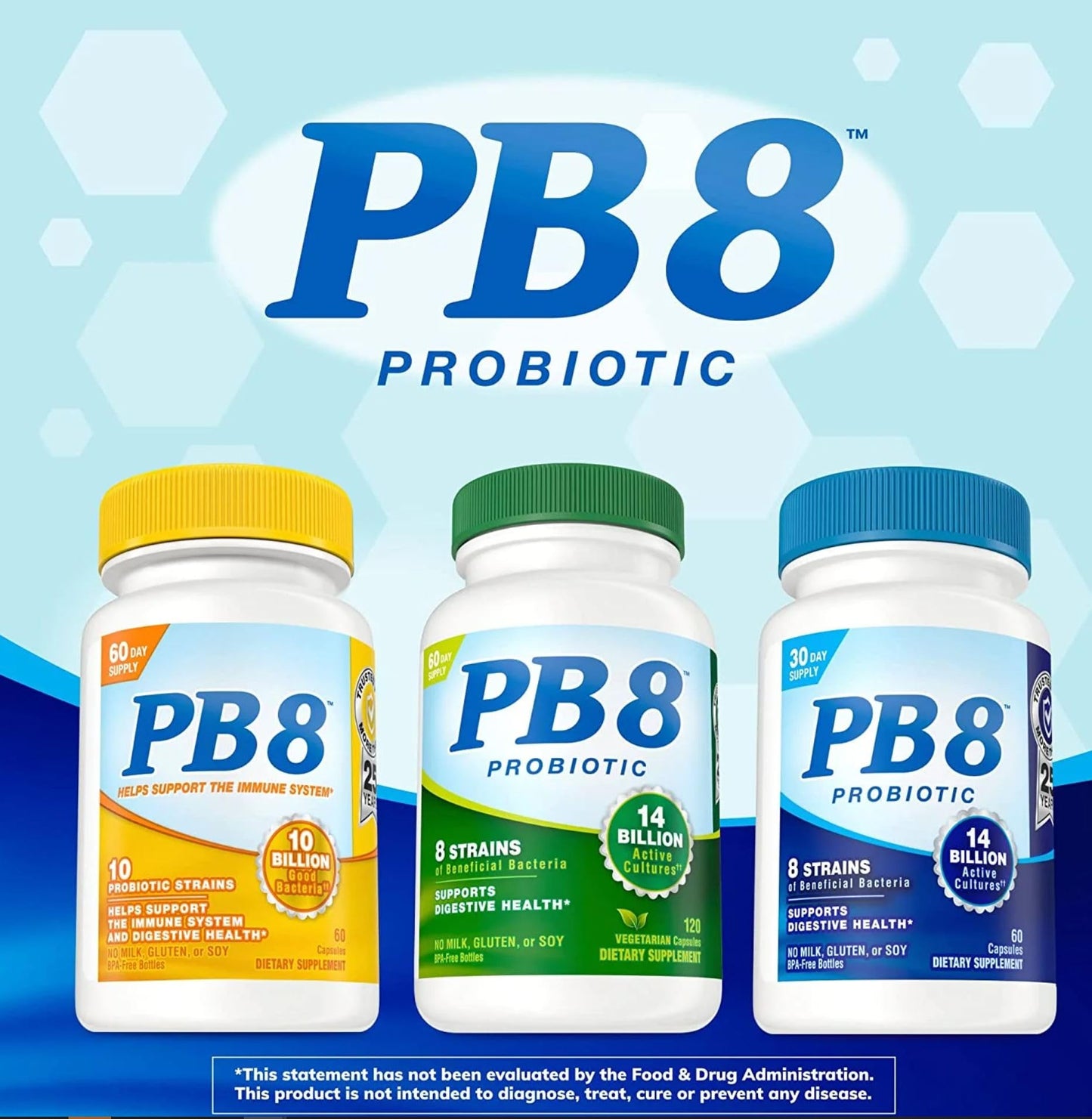 PB8 Probiotic - 3 Pack | 14 Billion CFU per Bottle | 8 Strains | Dairy/Gluten/Soy Free