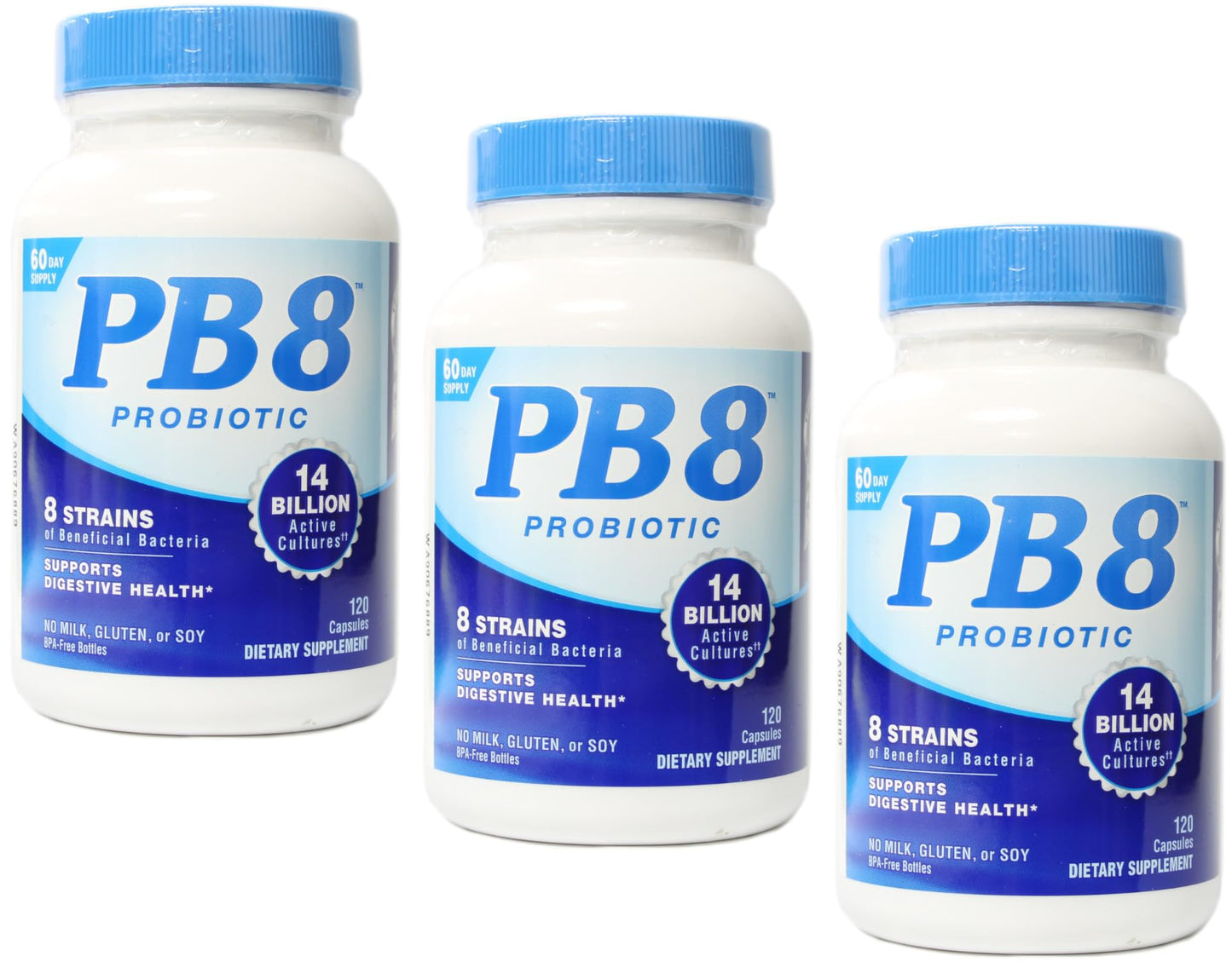 PB8 Probiotic - 3 Pack | 14 Billion CFU per Bottle | 8 Strains | Dairy/Gluten/Soy Free