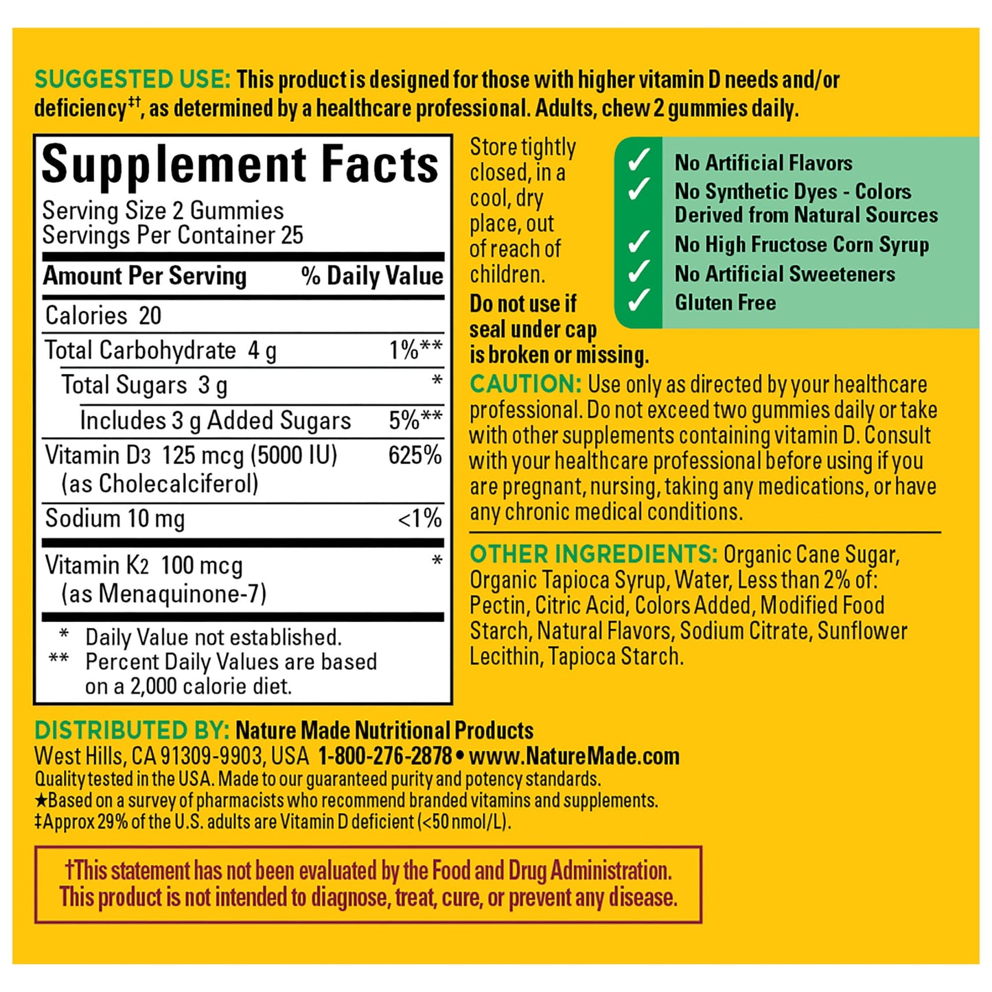 Nature Made Vitamin D3 + K2 Gummies — 5000 IU D3 per Serving, 50-Count Peach