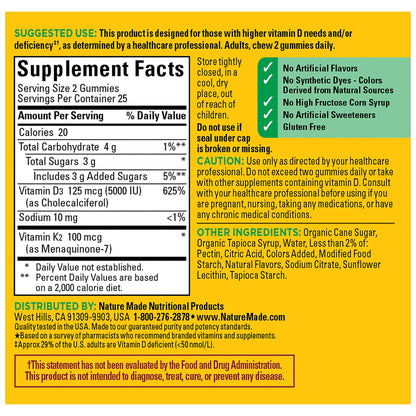 Nature Made Vitamin D3 + K2 Gummies — 5000 IU D3 per Serving, 50-Count Peach