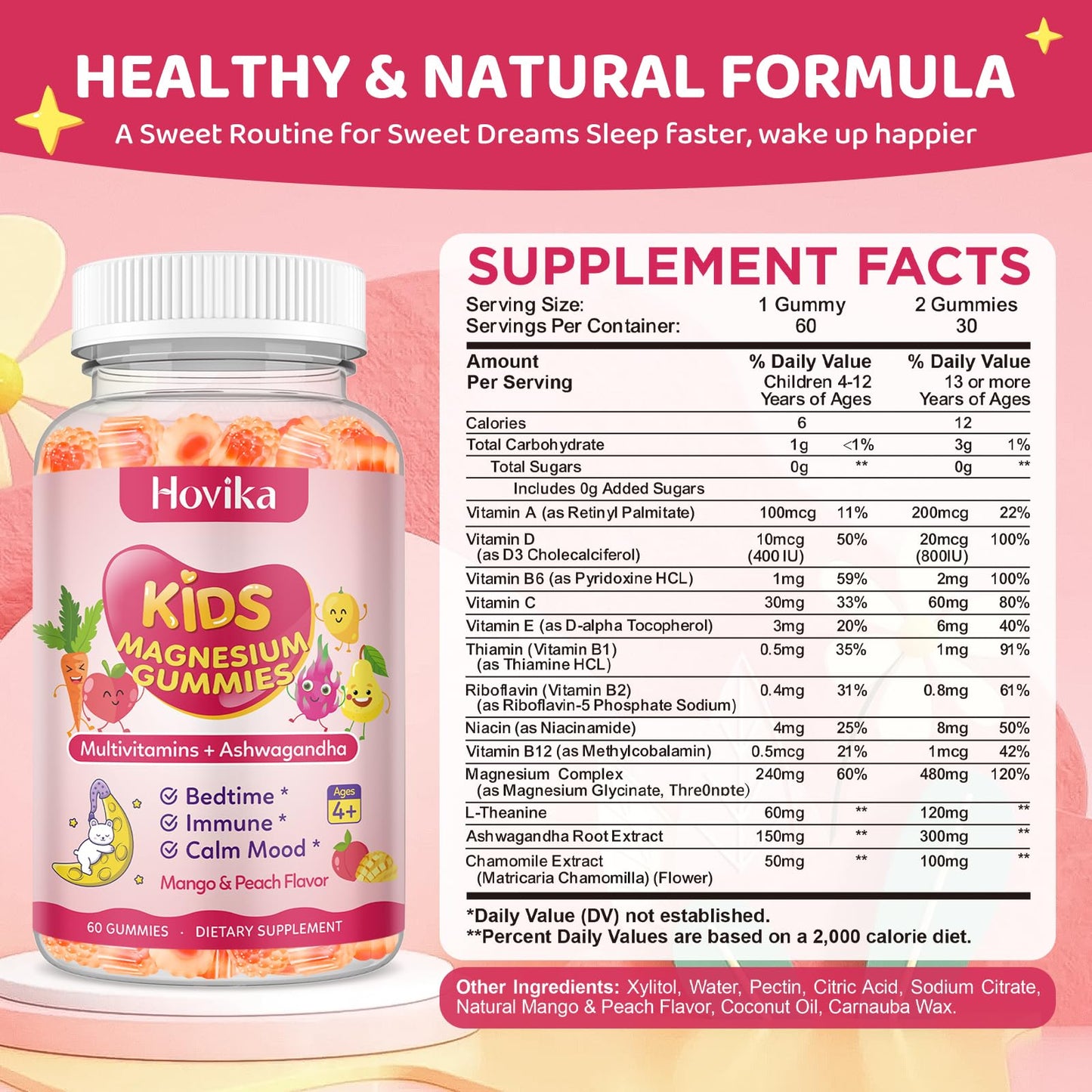 Magnesium Glycinate Gummies for Kids – Calm Sleep & Focus | L-Theanine, Chamomile & B Vitamins (Peach & Mango) 60 ct