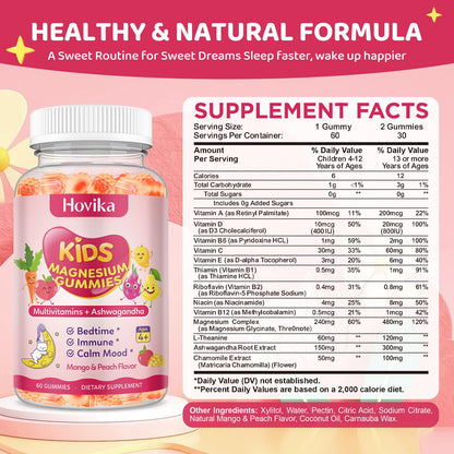 Magnesium Glycinate Gummies for Kids – Calm Sleep & Focus | L-Theanine, Chamomile & B Vitamins (Peach & Mango) 60 ct
